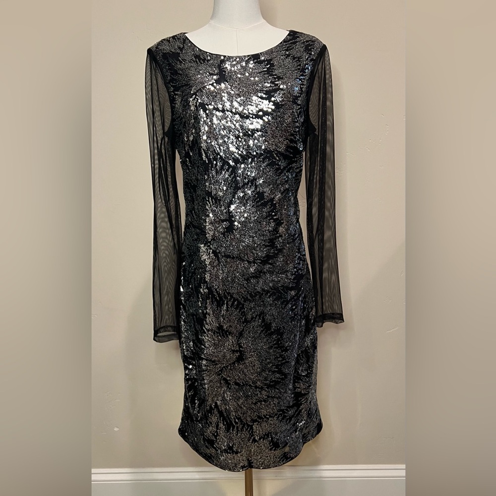 Kensie Black Sequin Long Sheer Sleeve Dress